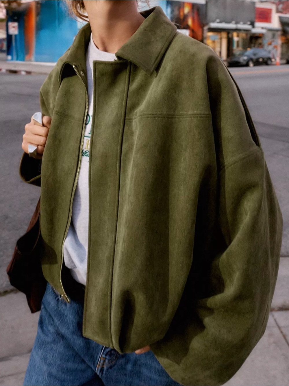 Zara Olive Green Faux Suede Bomber Jacket 💚